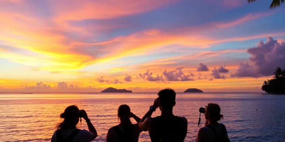 Reisende fotografieren einen lebendigen Sonnenuntergang über dem Meer.