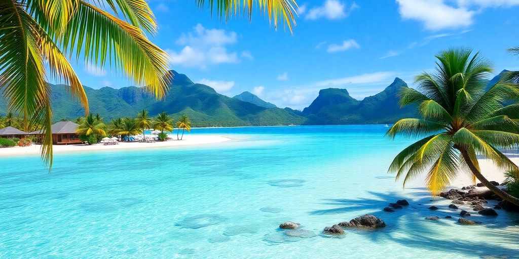 Tropischer Strand in Tahiti mit klarem türkisfarbenem Wasser.