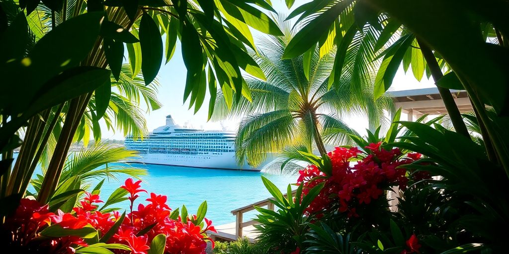 Private retreat with tropical greenery and cruise ship.