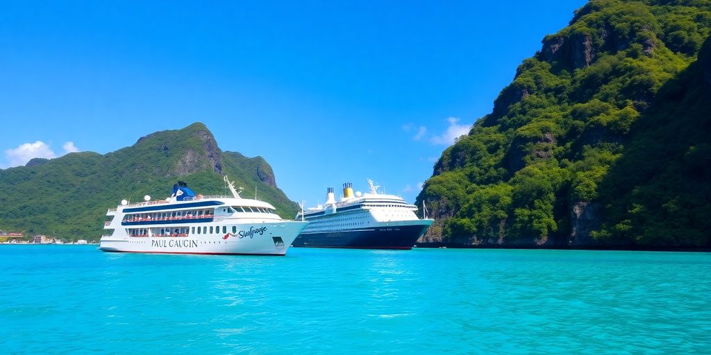Cruise ship in clear waters surrounded by tropical islands.