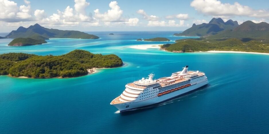 Paul Gauguin cruise ship on tropical waters.