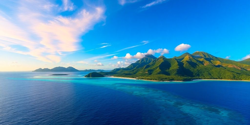 Tropical island with clear waters and vibrant sunset sky.