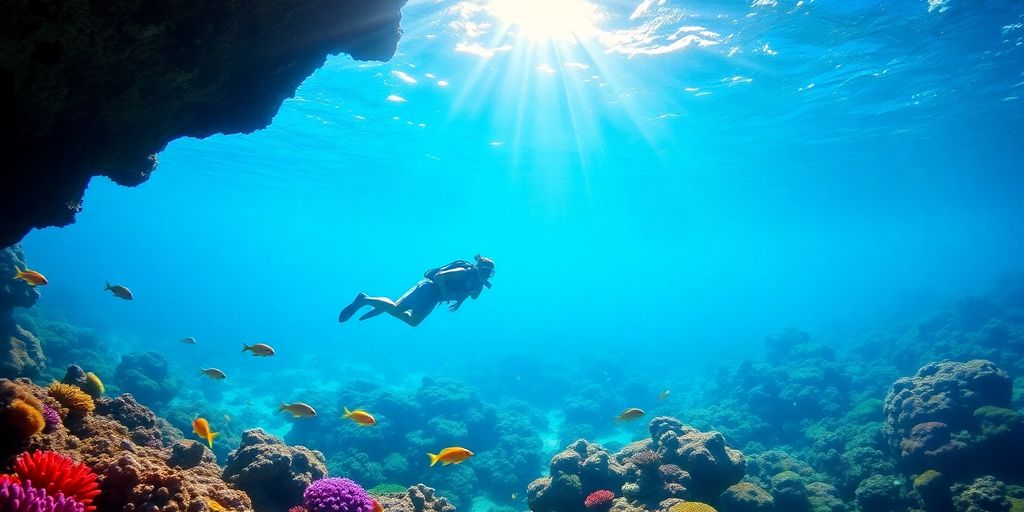Snorkeler surrounded by colorful fish and coral reefs.