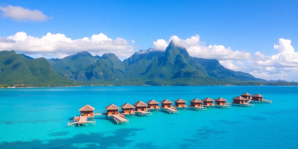 Scenic view of Bora Bora's overwater bungalows and sea.
