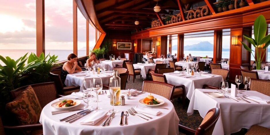 Elegant dining setup on a Paul Gauguin cruise.