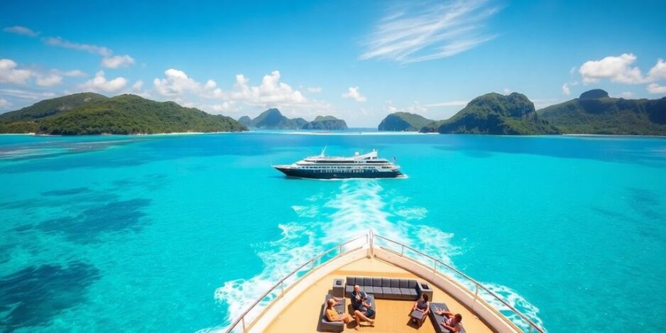 Petit navire de luxe naviguant dans les eaux tropicales.
