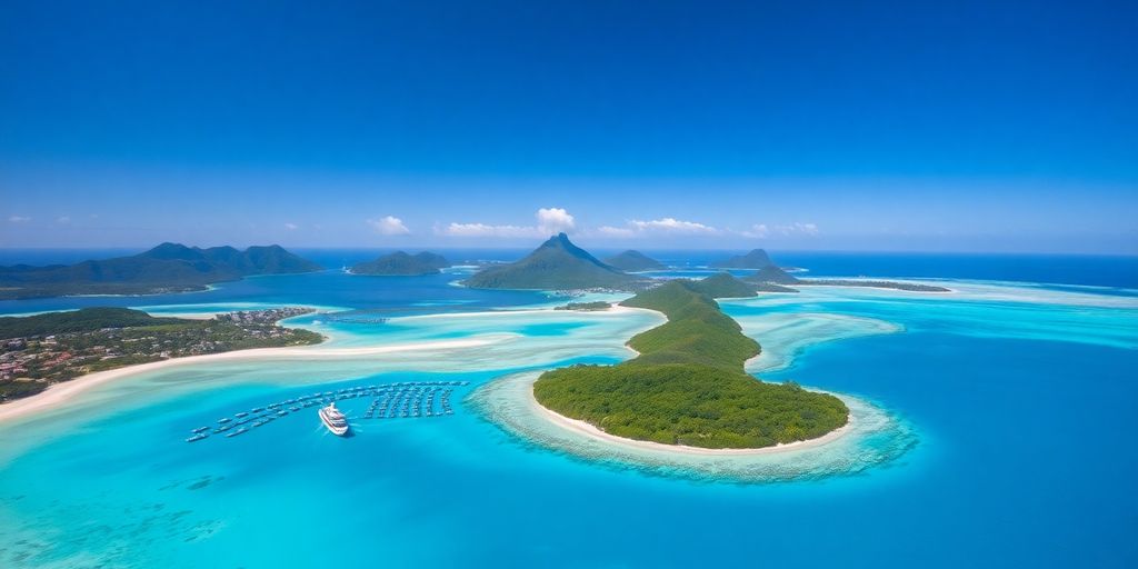 Vue aérienne des eaux turquoise et des îles de Bora Bora.