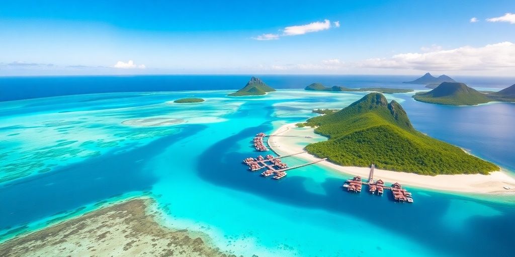 Vue aérienne des eaux turquoise et des îles de Bora Bora.
