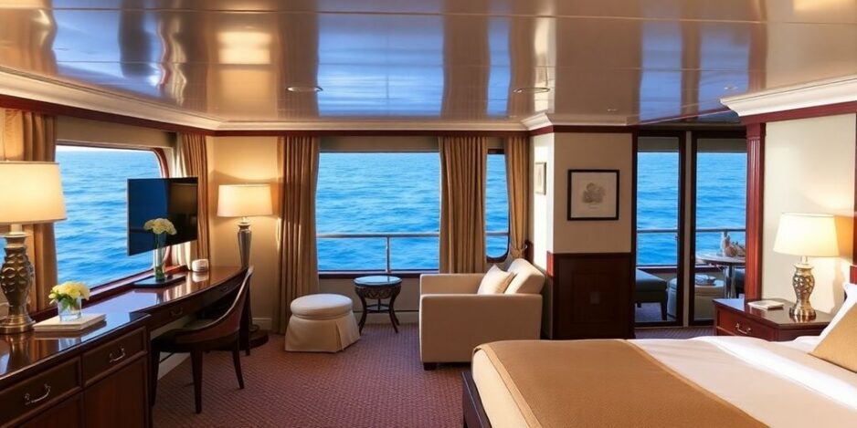 Luxurious cruise cabin with ocean view on Paul Gauguin.