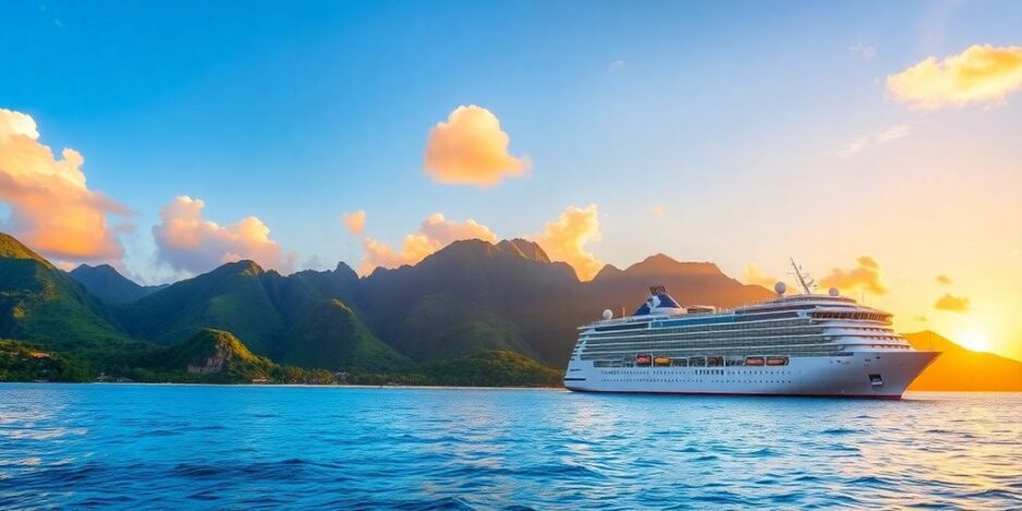 Paysage tropical avec un bateau de croisière au coucher du soleil.