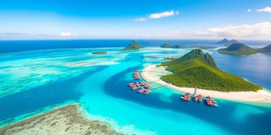 Luftaufnahme der türkisfarbenen Gewässer und Inseln von Bora Bora.