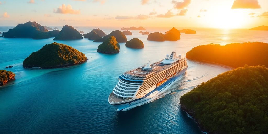 Navire de croisière dans les eaux tropicales au coucher du soleil.