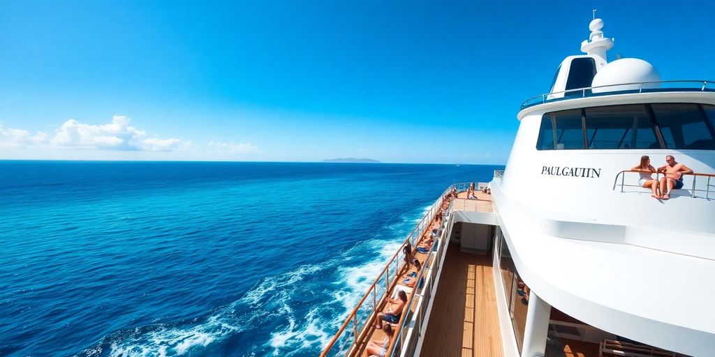 Paul Gauguin cruise ship on clear blue waters.
