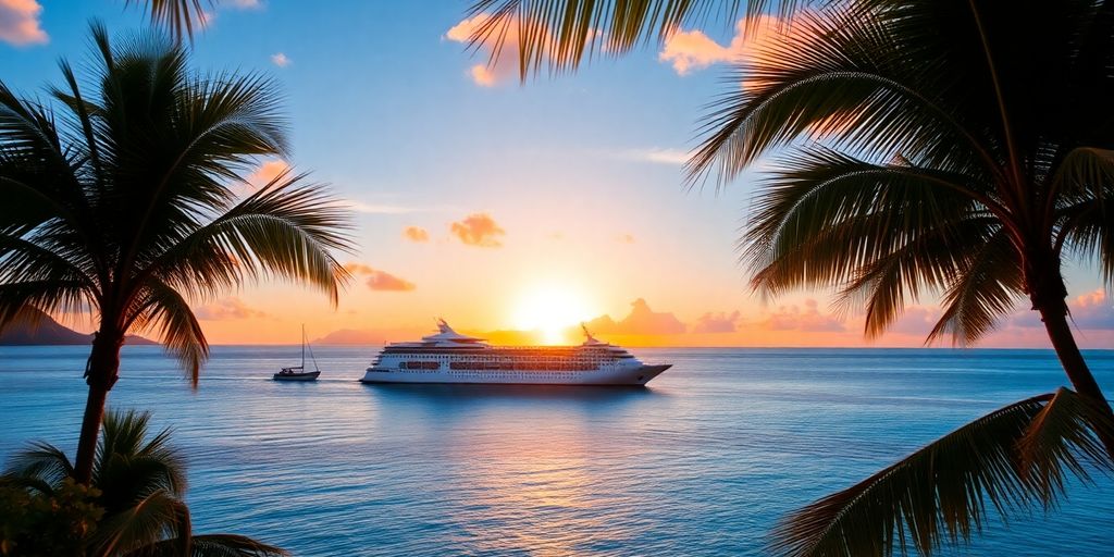 Sonnenuntergang über türkisfarbenem Wasser mit einem Kreuzfahrtschiff.