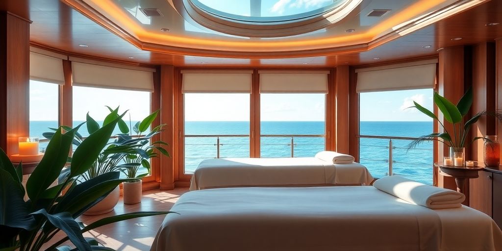 Luxury spa on a cruise ship with ocean views.