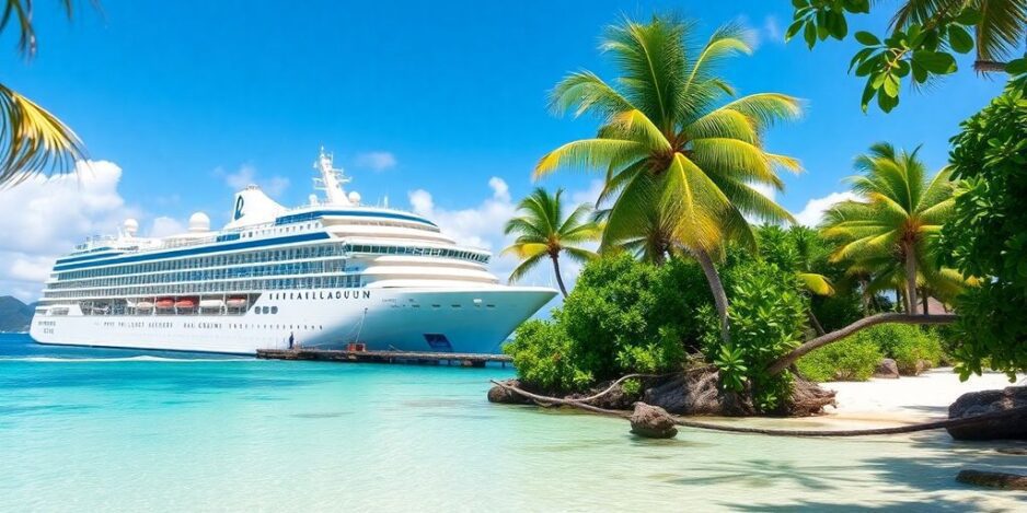 Le navire de croisière Paul Gauguin près d'une belle plage tropicale.