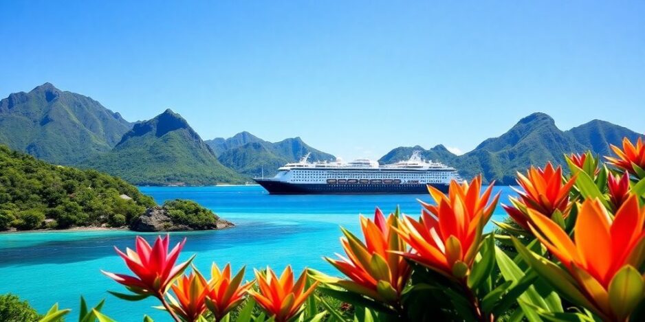 Navire de croisière dans les eaux turquoise des îles du Pacifique Sud.