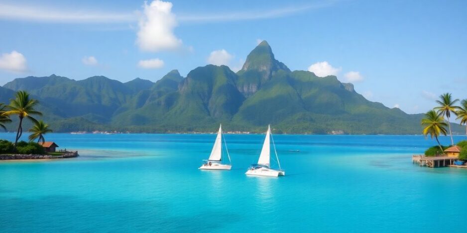Lagune tropicale de Bora Bora avec des voiliers et des montagnes.