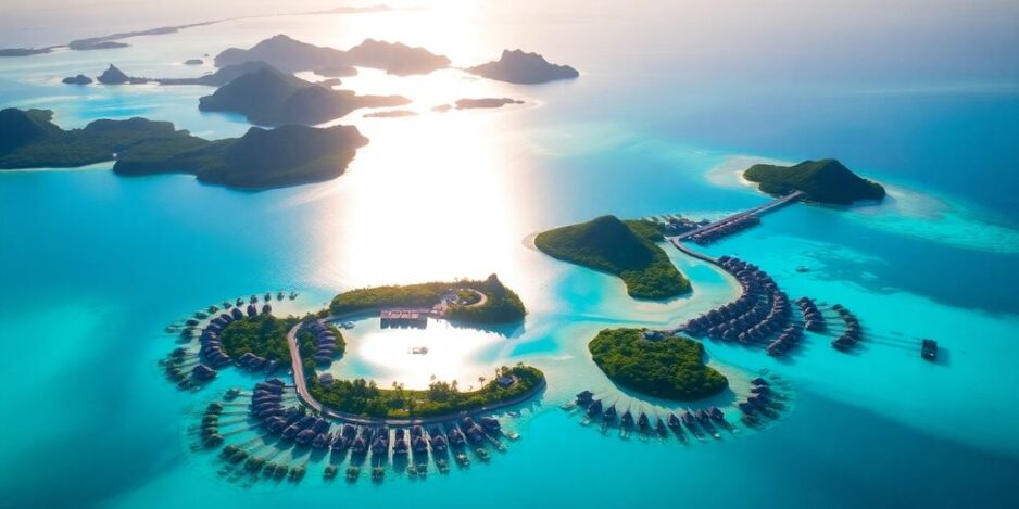 Aerial view of tropical islands in turquoise waters.