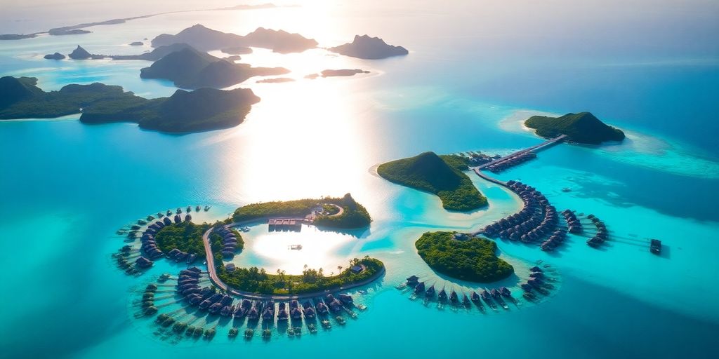 Aerial view of tropical islands in turquoise waters.