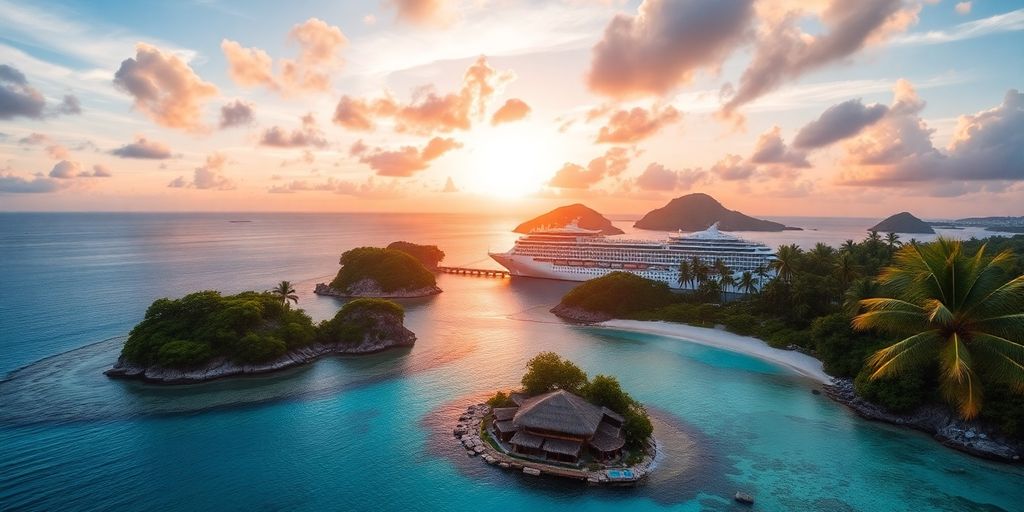 Tropical islands with a cruise ship at sunset.