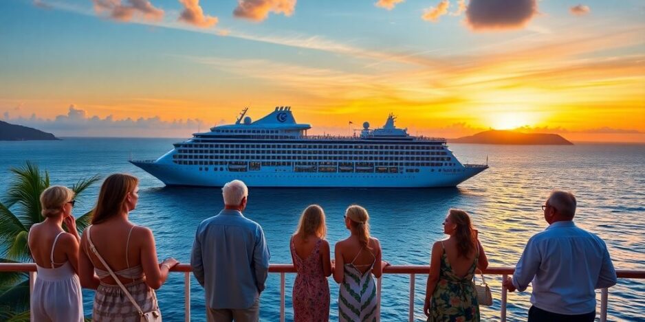 Luxuskreuzfahrtschiff mit Gästen in eleganter Resortkleidung.