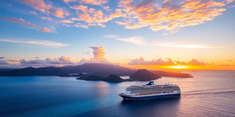 Cruise ship sailing in the beautiful waters of Tahiti.