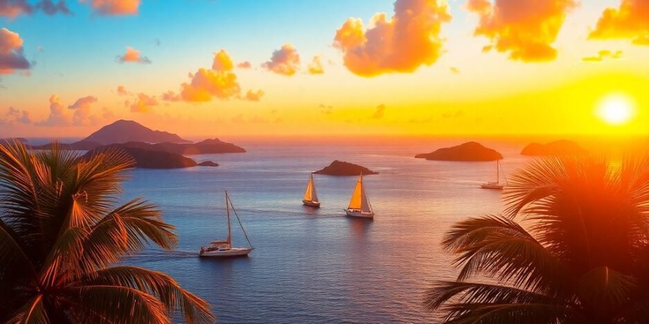 Sunset over South Pacific with sailboat and tropical islands.