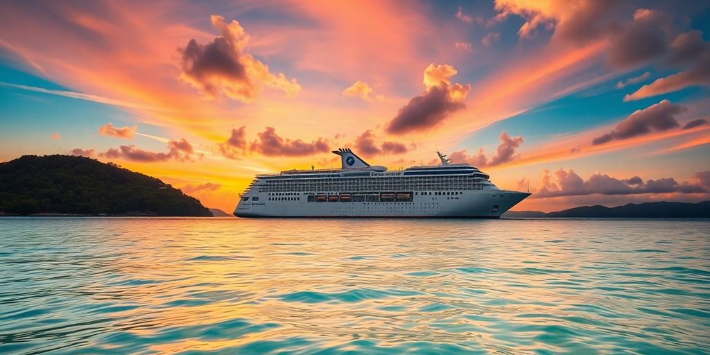 Navire de croisière Paul Gauguin près d'une île tropicale au coucher du soleil.
