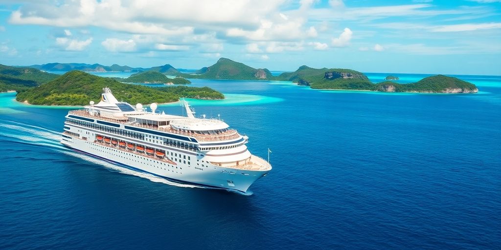 Cruise ship in tropical waters with lush islands.
