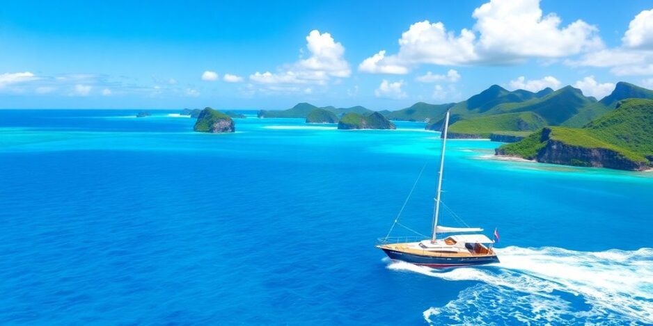 Îles tropicales et voilier en croisière ensoleillée.