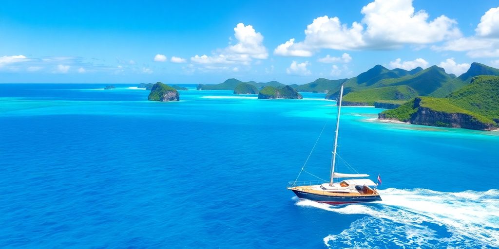 Îles tropicales et voilier en croisière ensoleillée.