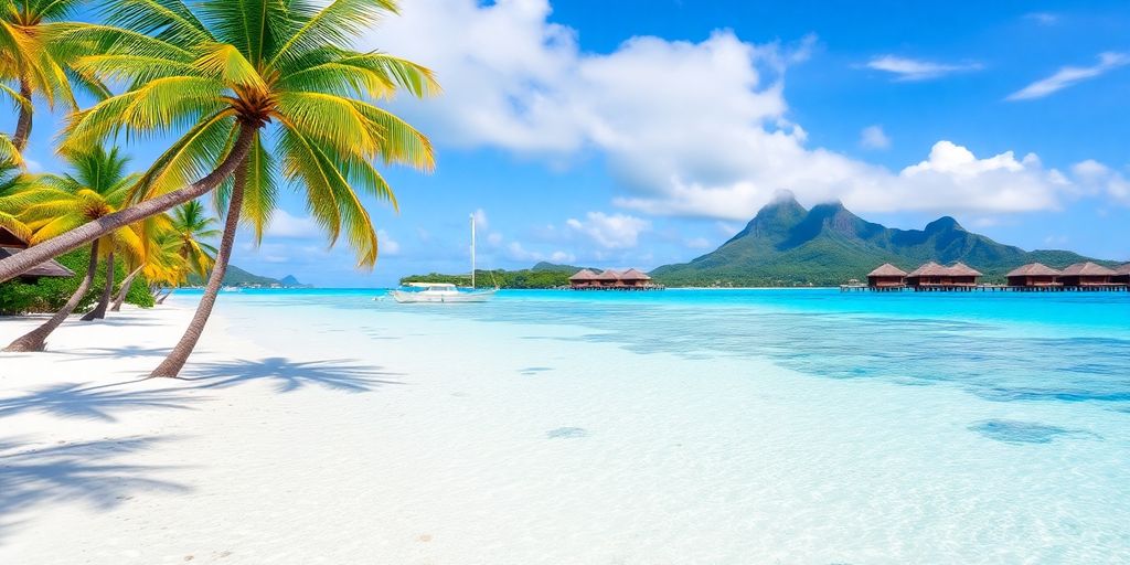 Beach in Tahiti with turquoise waters and palm trees.