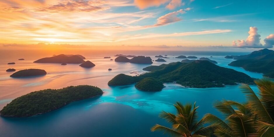 Scenic South Pacific islands with turquoise waters and palm trees.