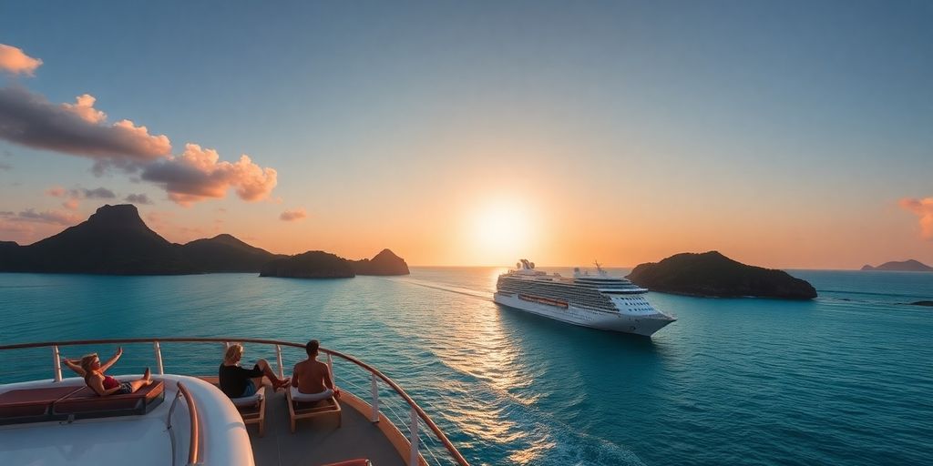 Cruise ship on tropical waters at sunset.