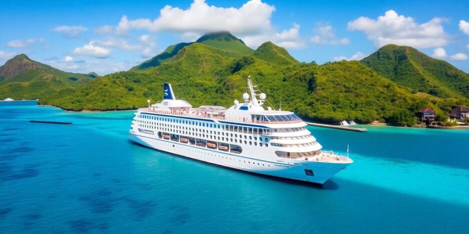 Kreuzfahrtschiff in der Nähe von üppigen polynesischen Inseln und blauen Gewässern.
