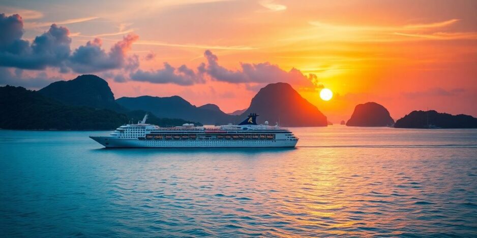 Coucher de soleil sur l'eau avec un bateau de croisière romantique.
