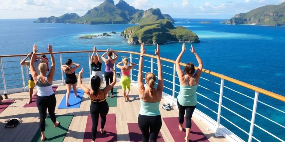 Guests exercising on a cruise deck with ocean views.