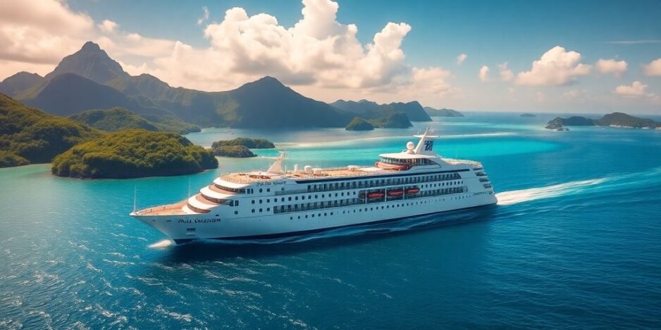 Navire de croisière luxueux Paul Gauguin dans les eaux tropicales.