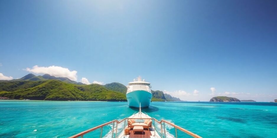 Navire de croisière dans le Pacifique Sud dans des eaux turquoise avec des îles.