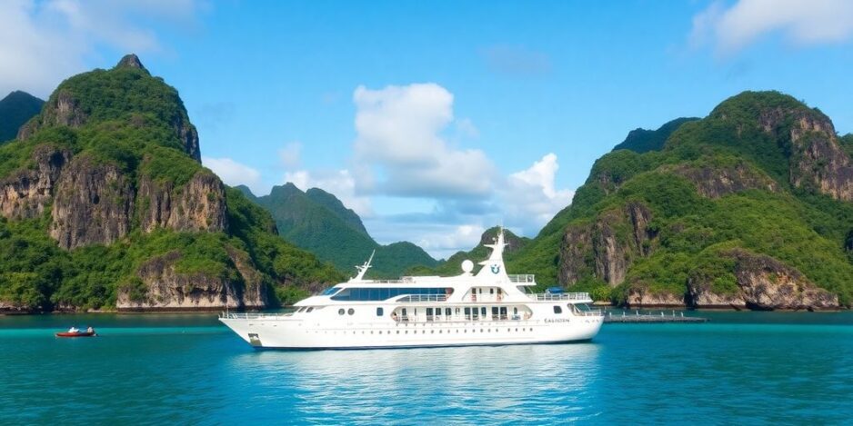 Luxus-Kreuzfahrtschiff in tropischen Paradiesgewässern.