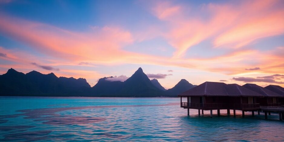 Sonnenuntergang über Bora Bora mit Überwasser-Bungalow und Bergen.
