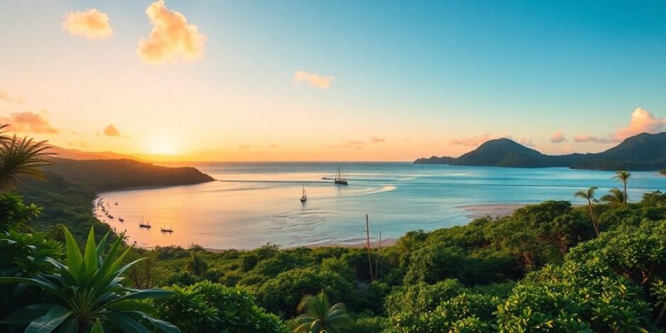 Paysage tropical avec verdure et pirogues traditionnelles.