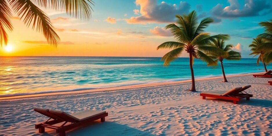 Scène de plage luxueuse avec coucher de soleil et palmiers.