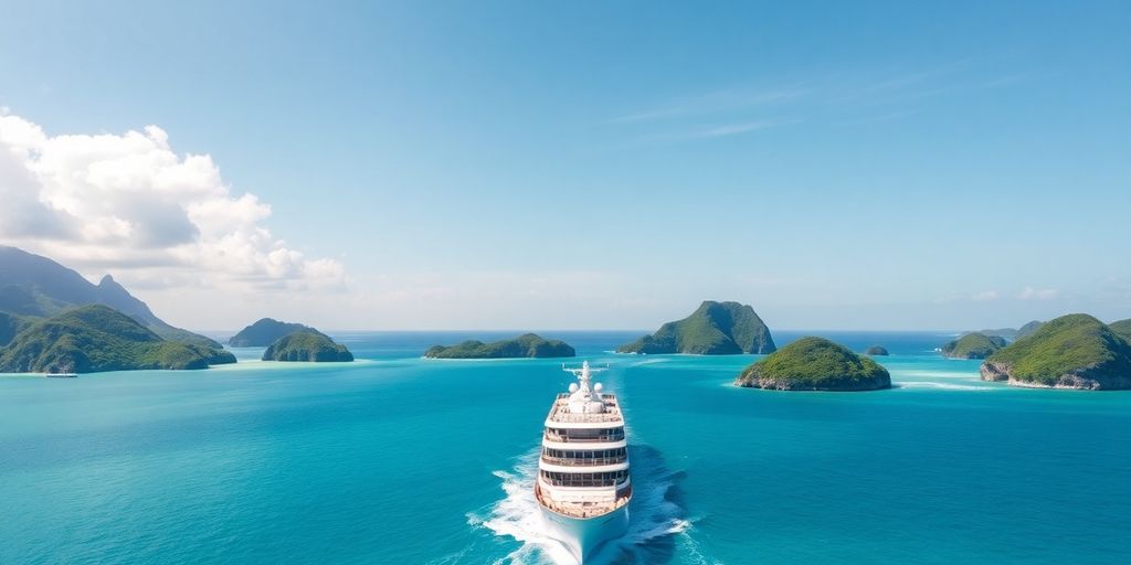 Navire de croisière Paul Gauguin sur des eaux turquoise avec des îles.