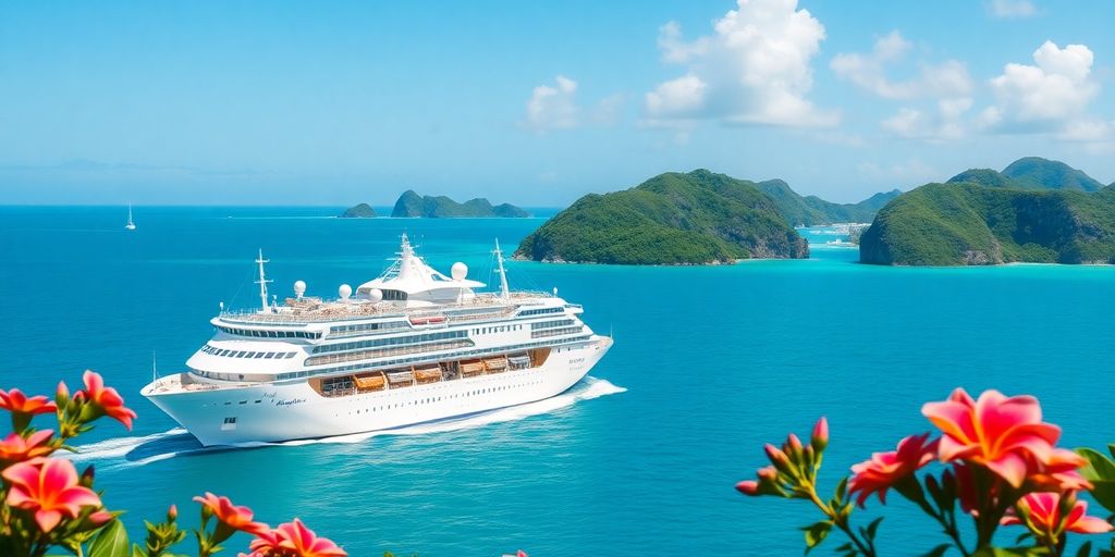 Croisière tropicale en bateau dans des eaux turquoise avec des îles.