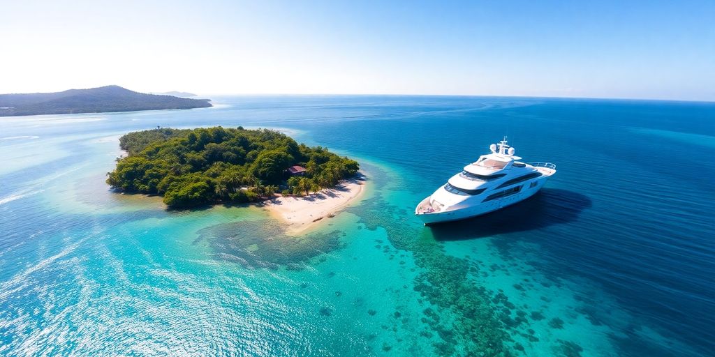 Tropische Insel mit Yacht und klarem blauen Wasser.