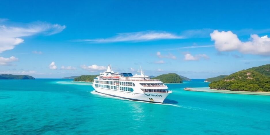 Navire de croisière naviguant dans des eaux tropicales avec des îles luxuriantes.