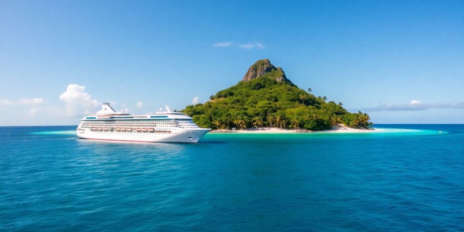 Tropical cruise ship near a vibrant island in paradise.