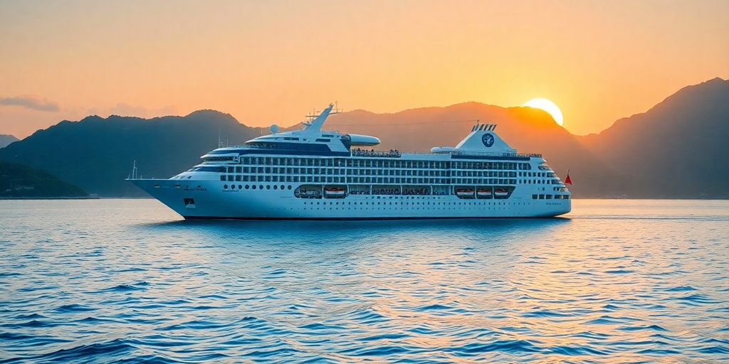 Navire de croisière de luxe sur des eaux claires au coucher du soleil.